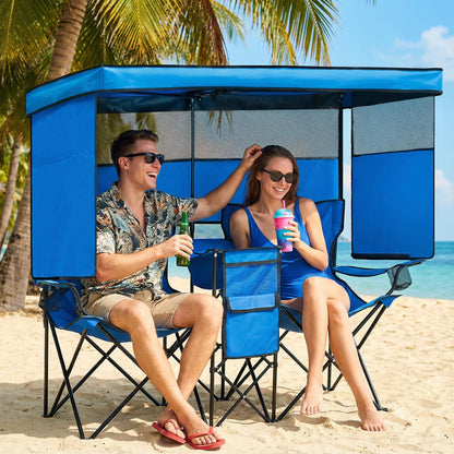 WTVIDAS Double Beach Chair with Canopy Shade Oversized Camping Chairs with Cooler Bag&Cup Holders Folding Loveseat for Outside Lawn Camping
