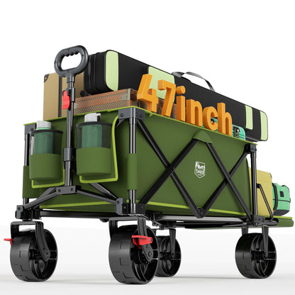 Timber Ridge 47" L Collapsible Wagon with Tailgate & Brake, 300 lbs Heavy Duty Beach Wagon with All-Terrain Big Wheels, 250L Foldable Utility Cart for Sand Camping Sports Shopping, Green