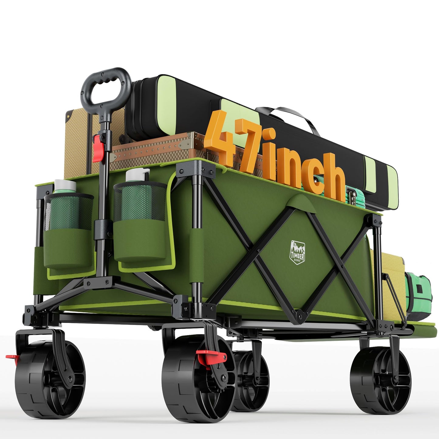 Timber Ridge 47" L Collapsible Wagon with Tailgate & Brake, 300 lbs Heavy Duty Beach Wagon with All-Terrain Big Wheels, 250L Foldable Utility Cart for Sand Camping Sports Shopping, Green