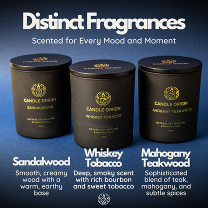 Luxury Candles for Men Gift Set (3×10oz) – Strong Masculine Scents (Mahogany Teakwood, Whiskey Tobacco, Sandalwood) – Long Lasting Soy Candles for Home, Man Cave Decor, Gifts for Him