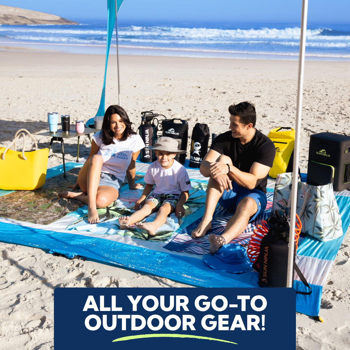 SUN NINJA Beach Tent Sun Shelter UPF50+ - Easy Pop Up Beach Canopy - Outdoor Shade for Camping Trips, Fishing, Backyard Fun Picnics - Sand Shovel, Ground Pegs & Stability Poles