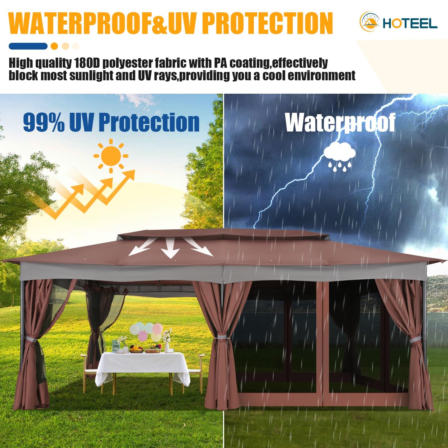 HOTEEL Gazebo 12x20, Outdoor Gazebo on Clearance with Double Ventilated Arc Roof, Privacy Curtains & Mosquito Netting, Easy Set up Canopy Tent with Stable Metal Frame for Patio Gazebo, Brown