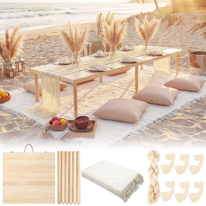Novabright Boho Picnic Kit 22'' x 44'' Folding Picnic Table 91" x 71" Extra Large Outdoor Boho Blanket with Beige Table Runner and 6 Napkins for Camping Wedding Birthday Baby Shower Party Decor