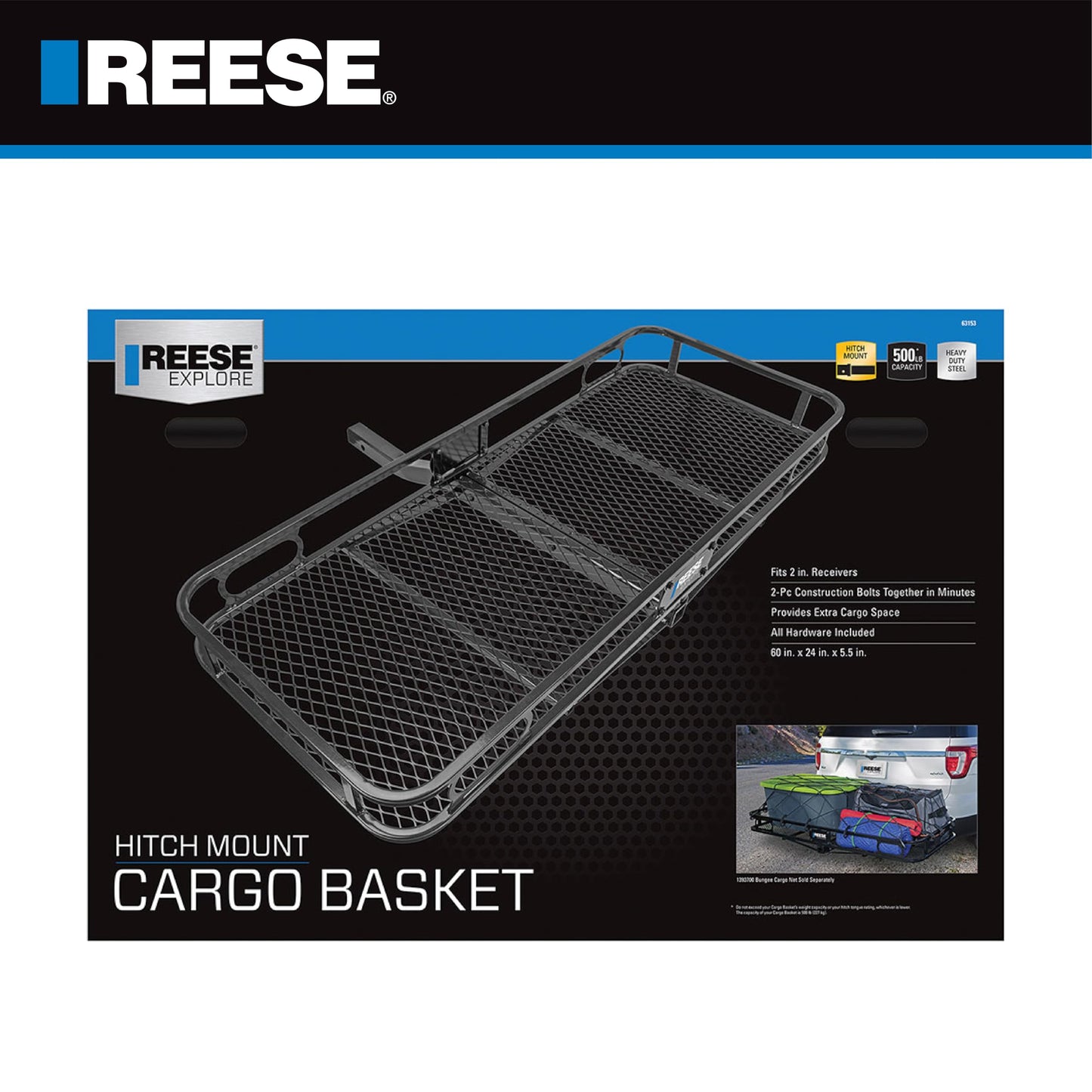 REESE Explore 63153 Rambler Hitch Mount Cargo Carrier, 60 X 24 Inches, Fits 2 Inch Receivers, 500 lbs. Capacity