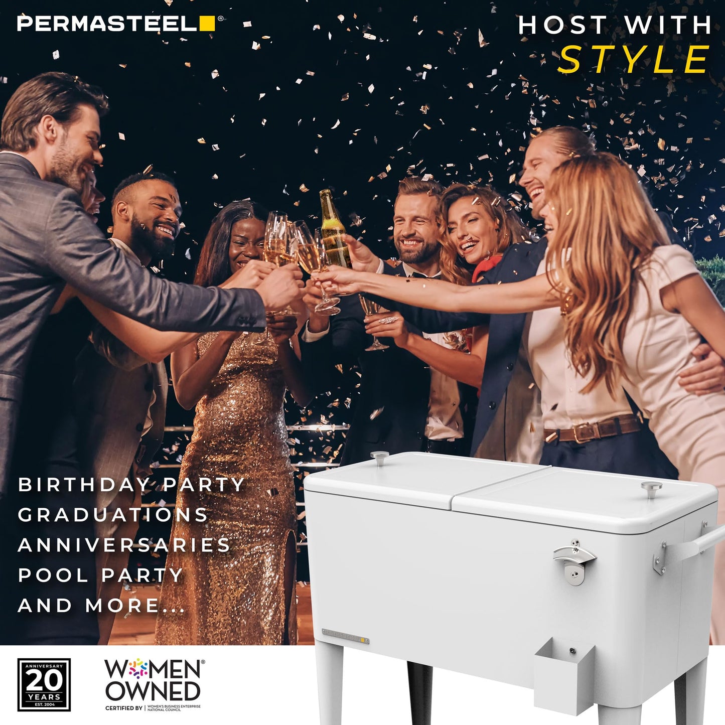 Permasteel Party Cooler with Divider, Spacious 80-Qt Capacity, Chills 36hrs, Serving Tray, Rolling Ice Chest for Indoor and Outdoor Entertainment, Matte White