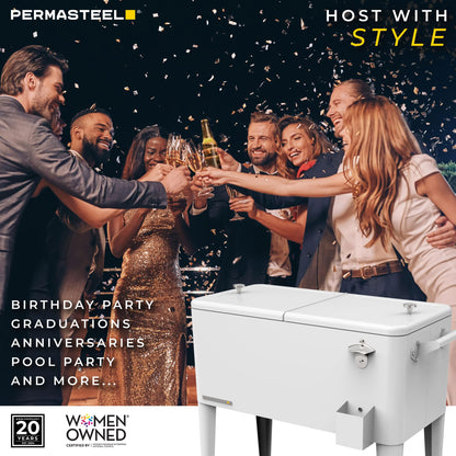 Permasteel Party Cooler with Divider, Spacious 80-Qt Capacity, Chills 36hrs, Serving Tray, Rolling Ice Chest for Indoor and Outdoor Entertainment, Matte White