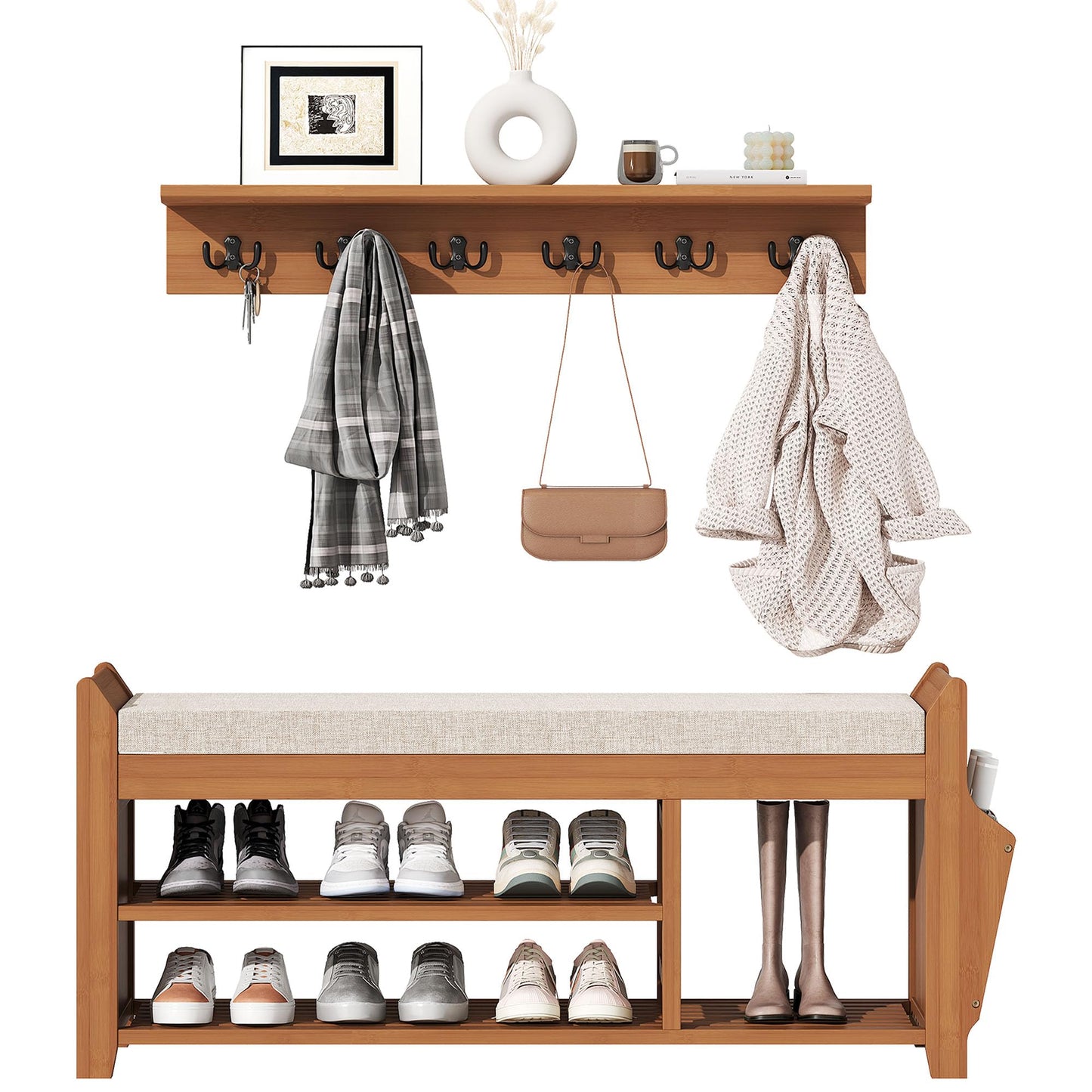 PETKABOO 39.4" Shoe Bench with Coat Rack Hidden Drawer and Side Holder, 2 Tier Entryway Bench with Storage, Bamboo Shoe Rack with Cushion for Entryway Hallway Living Room Bedroom