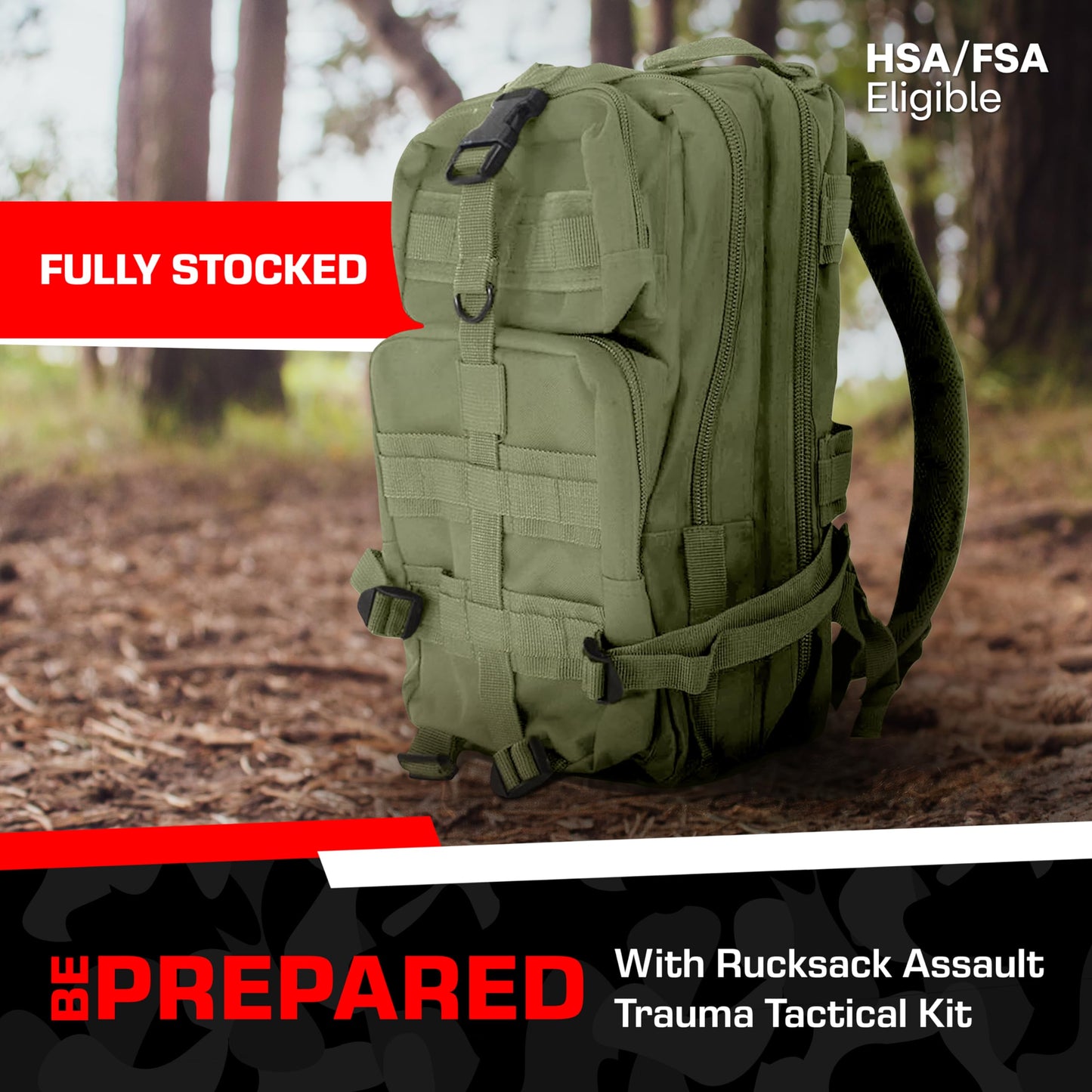 MediTac Rucksack Assault Trauma Tactical Kit Feat. SOF Tourniquet, Chest Seals, Clotting Gauze – Olive Drab
