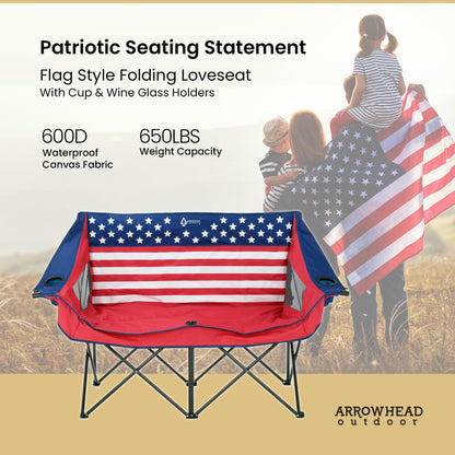 ARROWHEAD OUTDOOR 2-Pack Portable Folding Double Duo Camping Chair Loveseat w/ 2 Cup & Wine Glass Holder, Carrying Bag, Supports up to 650lbs