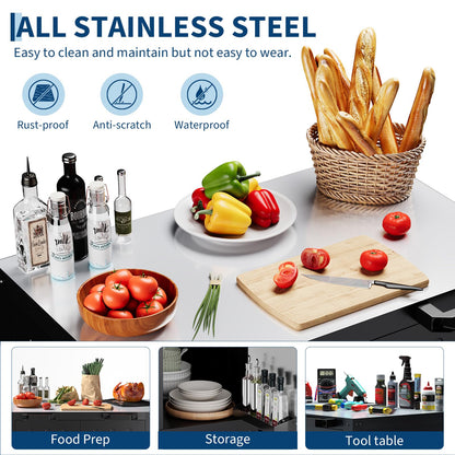 Outdoor Grill Cart with Storage Cabinet, Outdoor Cooking Table, Made Entirely of Stainless Steel, Grill Station for Kitchen Prep, Working Table, Lawn & Garden