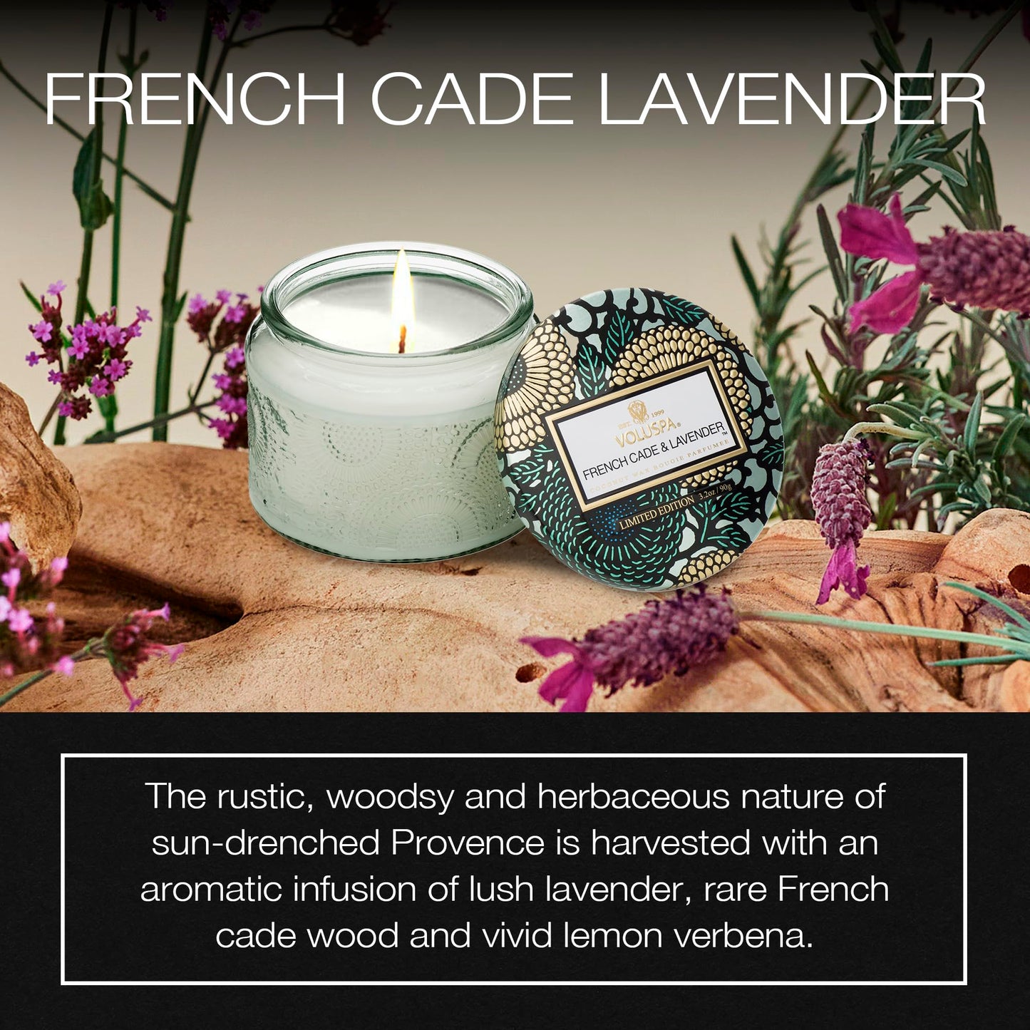 Voluspa French Cade Lavender, Petite Candle Jar, 3.2 oz, 25 Hour Burn Time, Coconut Wax for Clean Burning, Handcrafted in the USA