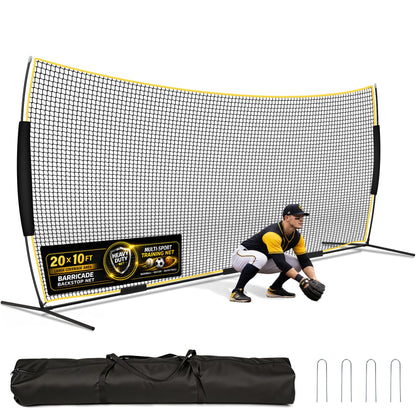 Eastrexon Barricade Backstop Net, 20x10ft Ball Stop Netting with Carry Bag & Ground Stakes, Quick Setup, Portable, Perfect for Lacrosse, Baseball, Basketball, Soccer