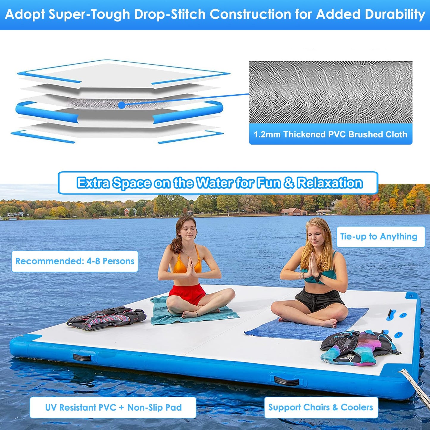 GZKYYLEGS Inflatable Floating Dock 12 ft x 6 ft Air Dock Platform Floating Island Raft with None-Slip Surface for Pool Beach Ocean