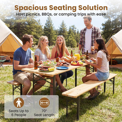 Giantex 70 Inch Folding Picnic Tables with Benches Set, Solid Wood Camping Beer Table Bench Set with Metal Frame, 3-Piece Portable Patio Dining Furniture, Indoor & Outdoor Folding Table and Chairs