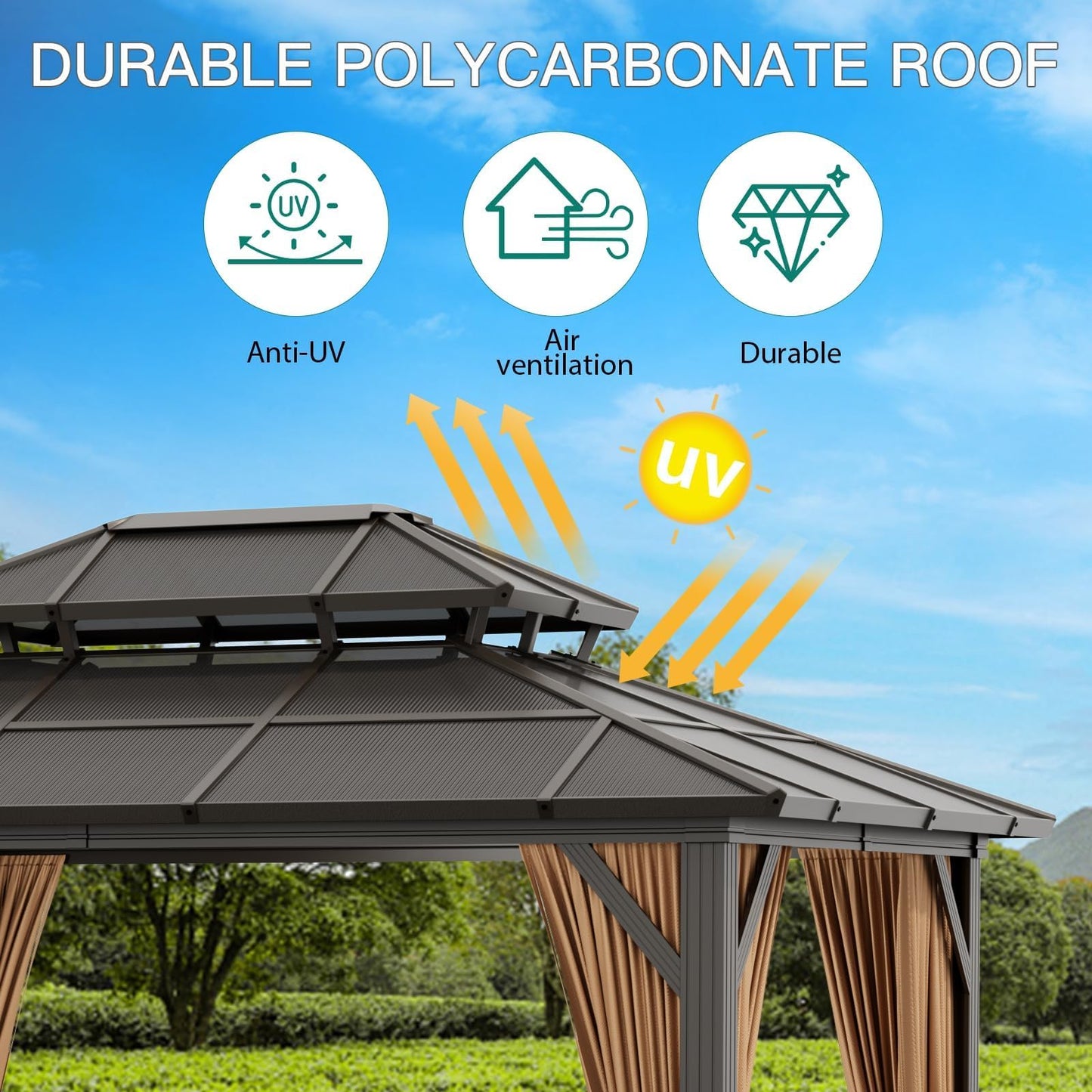 10x13 Hardtop Gazebo, Double Galvanized Steel Roof Outdoor Gazebo with Aluminum Frame, Curtains and Netting Included for Patio, Backyard, Garden Parties