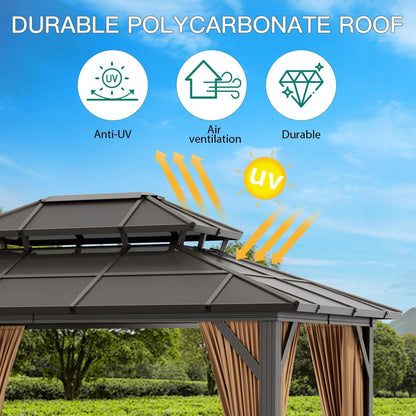 10x13 Hardtop Gazebo, Double Galvanized Steel Roof Outdoor Gazebo with Aluminum Frame, Curtains and Netting Included for Patio, Backyard, Garden Parties