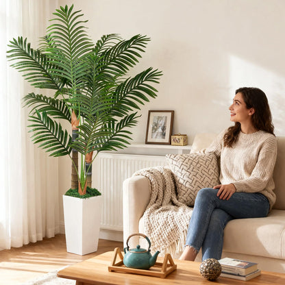 5ft Artificial Palm Tree Indoor Plant，Triple Faux Tropical Areca Floor Plant in Pot，Artificial Plants with Lifelike Leaves for Home Office Decor