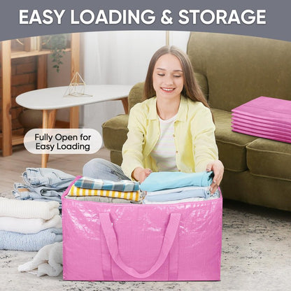 TICONN 8 Pack Extra Large Moving Bags Heavy Duty with Zippers & Carrying Handles, Durable Storage Bags Moving Boxes for Closet Organizers and Storage (8 Pack, Pink)