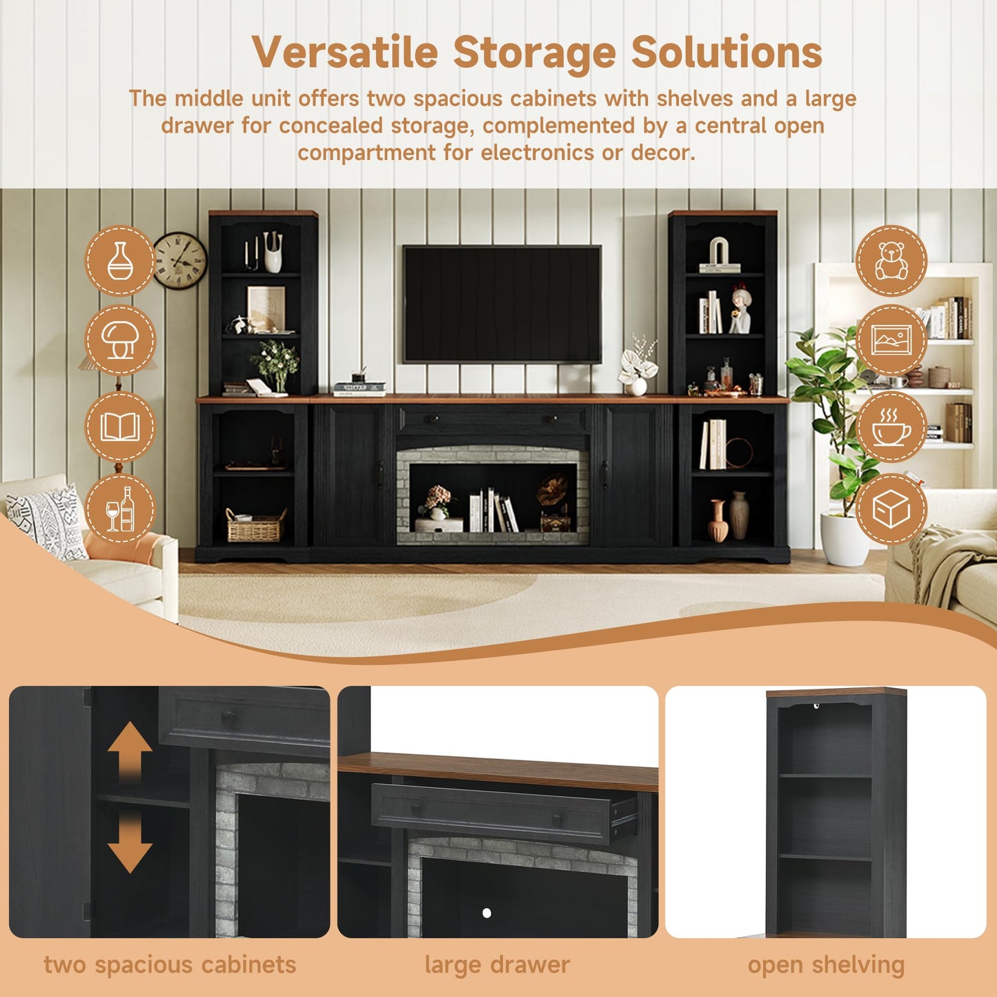 Merax 3-Piece TV Stand Set for TVs up to 70", Farmhouse Entertainment Center with Curved Side Cabinets & Bookshelves, Modular Storage Unit with Drawer and Adjustable Shelves for Living Room, Black