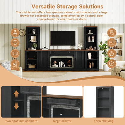 Merax 3-Piece TV Stand Set for TVs up to 70", Farmhouse Entertainment Center with Curved Side Cabinets & Bookshelves, Modular Storage Unit with Drawer and Adjustable Shelves for Living Room, Black