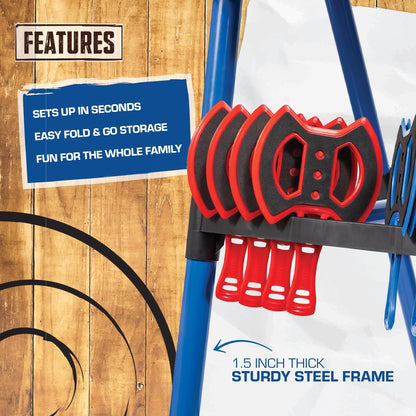 EastPoint Axe Throwing Game Set - 8 Foam & Plastic Throwing Axes - Heavy Duty Steel Frame - Over 5 Ft Tall - Folds Flat for Portable Outdoor Games - Unique Bristle Target for Yard Games