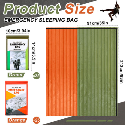 Preboun 50 Pcs Emergency Sleeping Bag Bulk Portable Lightweight Survival Bag Thermal Bivy Sack Emergency Blanket Survival Gear for Outdoor Camping Hiking Homeless People Shelter (Orange,Green)