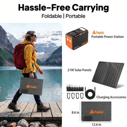 Takki 111Wh Portable Solar Generator Power Station with 21W Foldable Solar Panel, 120W Peak Solar Charger Power Bank with 110V AC DC USB Ports for Camping Emergency Outdoor Home Use