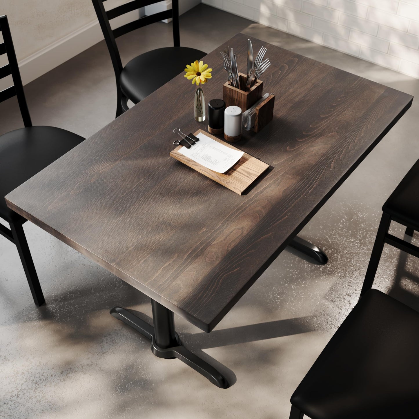 Flash Furniture Bennett 30" x 48" Solid Wood Commercial Indoor Tabletop in Dark Brown with Dual 5" x 22" Dining Height Black Cast Iron T Bases, 400 lb. Static Capacity