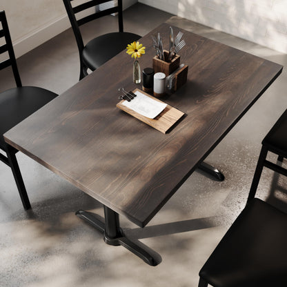 Flash Furniture Bennett 30" x 48" Solid Wood Commercial Indoor Tabletop in Dark Brown with Dual 5" x 22" Dining Height Black Cast Iron T Bases, 400 lb. Static Capacity
