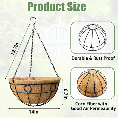 4 Pack 14 Inch Hanging Baskets for Plants Outdoor Metal Hanging Planters with Coco Coir Liner Round Wire Plant Holder Hanging Flower Pots for Outdoor Patio Lawn Balcony Garden Decor - Circular