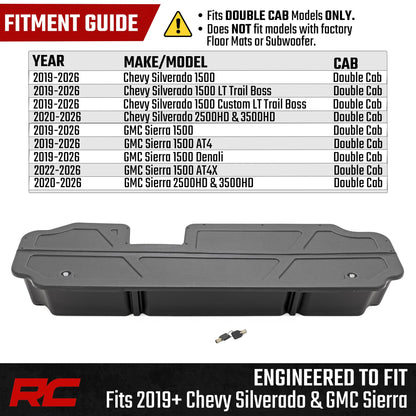 Rough Country Under Seat Storage for Chevy Silverado & GMC Sierra 1500/2500HD/3500HD Double Cab (2019-2026) - Custom Rear Under Seat Organizer Tray with Lockable Lid