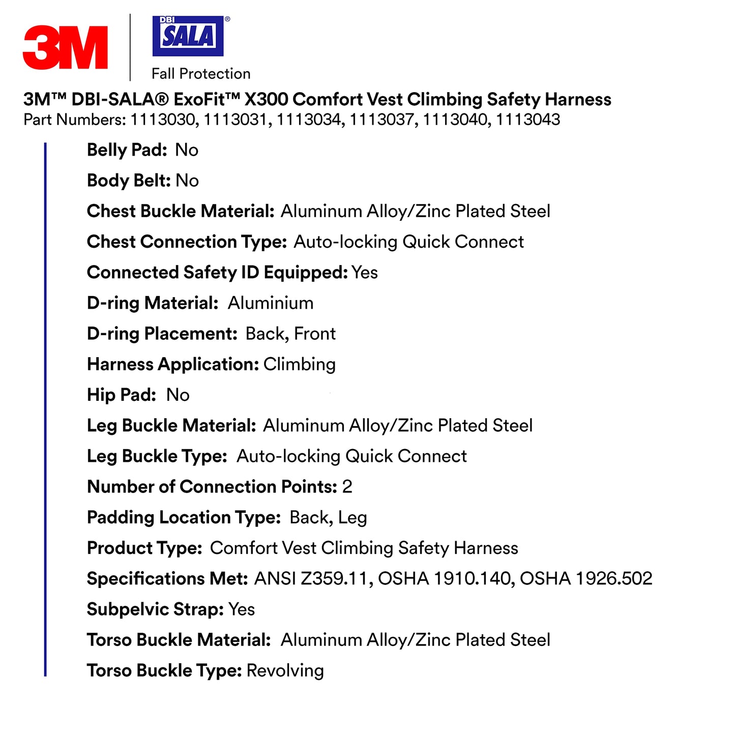 3M 113052 DBI-SALA ExoFit X300 Comfort Vest Positioning Safety Harness Fall Protection, OSHA, ANSI, General Industry, Aluminum Back and Hip D-Ring, Auto-Locking Quick Connect Leg and Chest Buckles, L