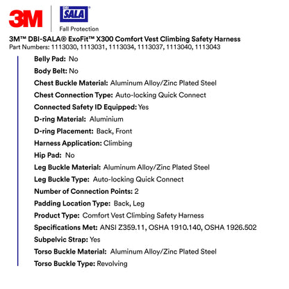 3M 113052 DBI-SALA ExoFit X300 Comfort Vest Positioning Safety Harness Fall Protection, OSHA, ANSI, General Industry, Aluminum Back and Hip D-Ring, Auto-Locking Quick Connect Leg and Chest Buckles, L