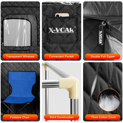 X-Vcak Portable Steam Sauna Tent for Home, Steam Sauna for Home with Steamer, 9 Temp Levels & 99 Min Timer, 5-Layer Waterproof Insulated, Folding Chair