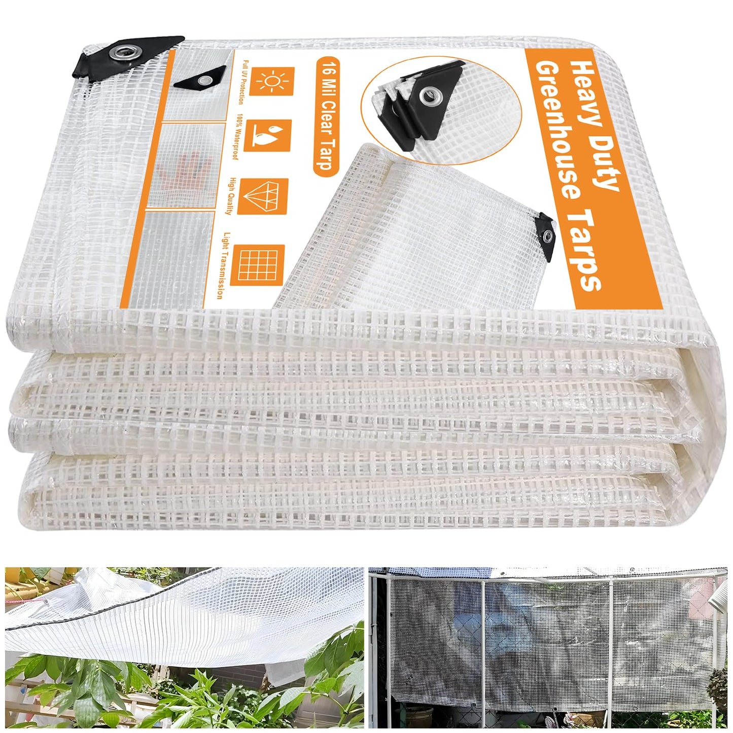 16 Mil Greenhouse Cover,Clear Plastic Tarps Heavy Duty Waterproof 20x30FT,UV Resistant Poly Clear Tarps with Grommets, Greenhouse Heavy Duty Tarp for Gardening, Farming, Nursery, Garden