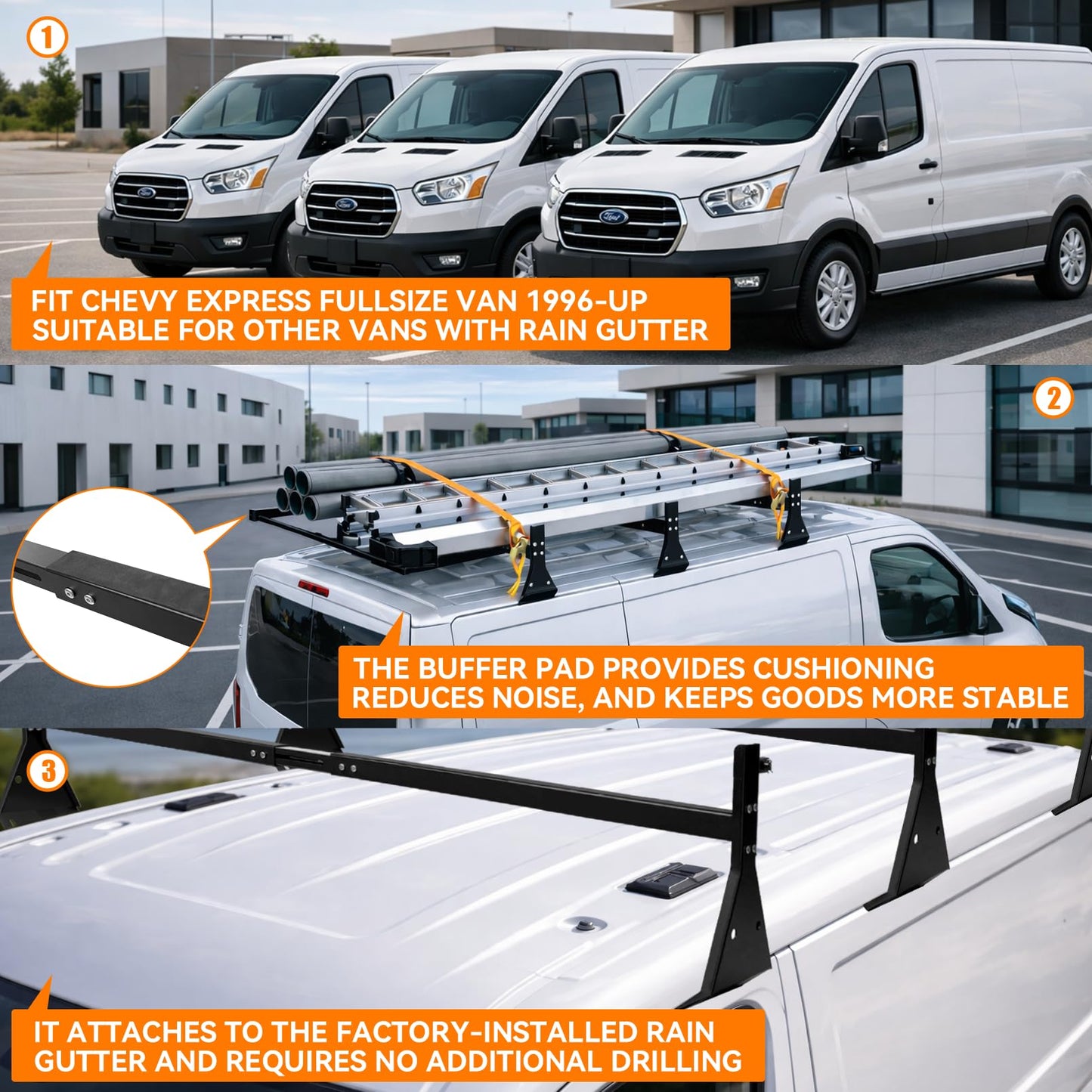 Van Ladder Roof Racks with Rear Roller, 3 Bars Adjustable with Ladder Stoppers, Fit Chevy Express Fullsize Van 1996-Up,Suitable for Vans with Rain Gutter only,800LB Load-Capacity