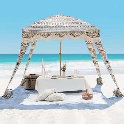 OutdoorMaster Beach Cabana with Fringes, Portable 6' x 6' Beach Canopy for Sand, Easy Set Up Sun Shelter, Included Side Wall, UPF 50+ UV Protection Sun Umbrella - for Family & Friends -Retro Brown