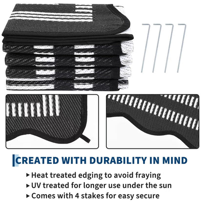 Garvee Waterproof Outdoor Rug 9x18, Scalloped Geometric Foldable Plastic Straw Patio Camping Rug, Outdoor RV Carpet for Deck Camper Porch Balcony Backyard Picnic Beach Black and White