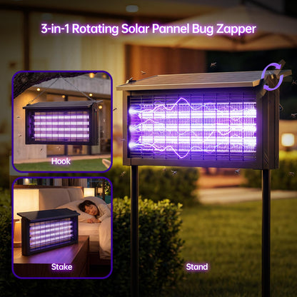Solar Powered Mosquito Zapper, 4500V Outdoor Bug Zapper with 15W Solar Panel, Waterproof Cordless Electric Fly Zapper – Rechargeable Mosquito Killer Lamp for Backyard, Patio
