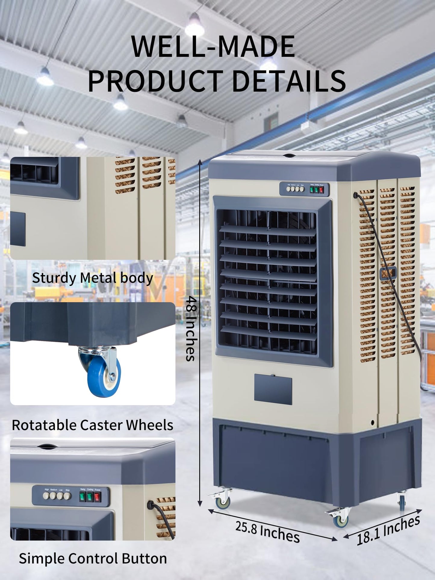 Uthfy 6500 CFM Swamp Cooler,49" Evaporative Air Cooler with 19 Gal Water Tank,5 Ice Box,120° Swing,Portable Air Conditioner with 3 Speeds,High Velocity Outdoor Cooling Fan for Garage,Patio,Factory Use
