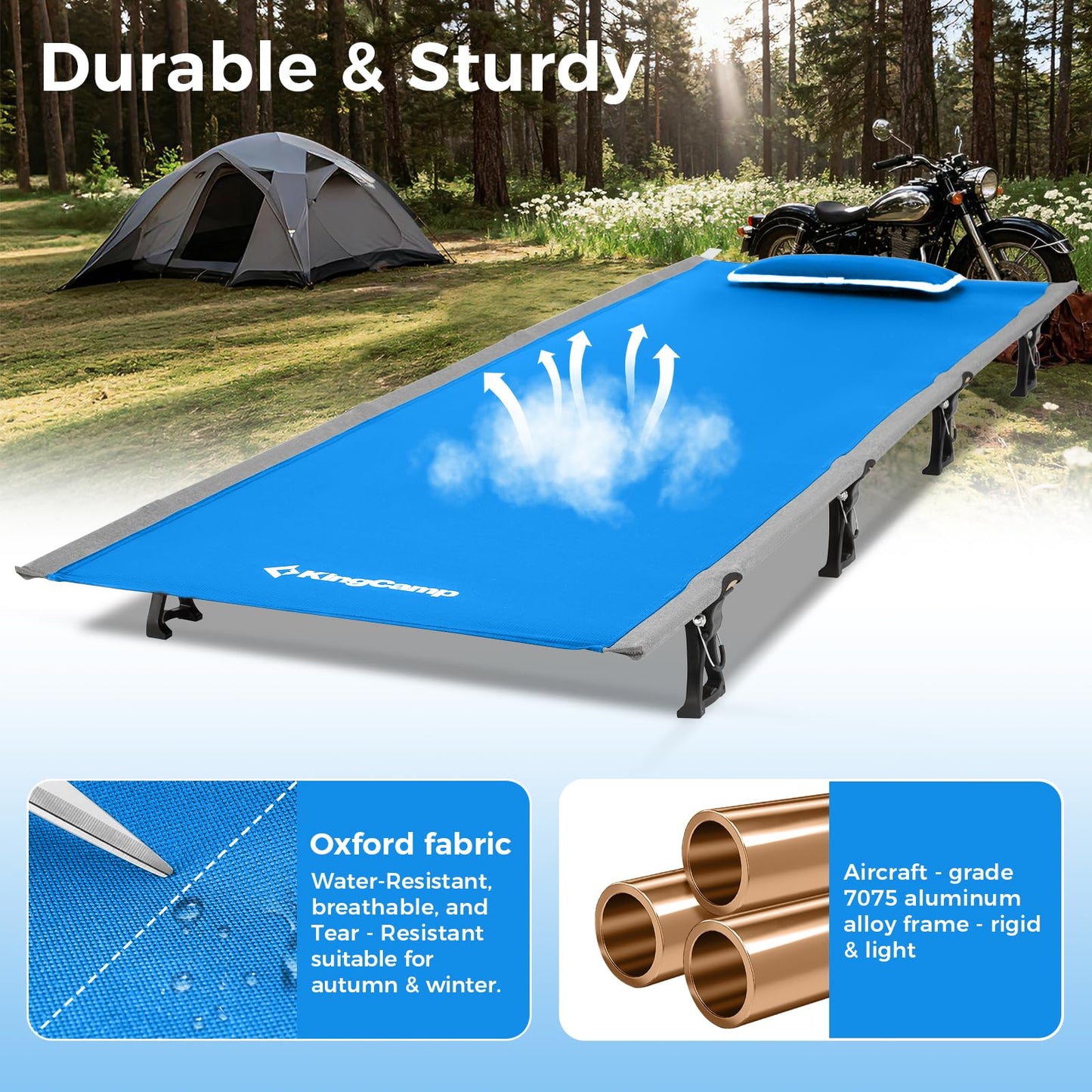 KingCamp Ultralight Camping Cot, Portable Folding Sleeping Cot for Adults, 265 Lbs Heavy Duty Compact Bed for Outdoor Backpacking Travel Hiking, Extra Wide 75 x 25 Inches, Blue