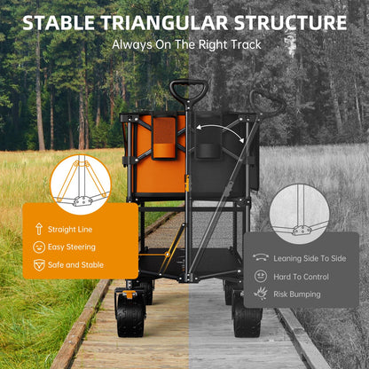 Uyittour Foldable 50''L Extra Long Double Decker Wagon for Sport, 400L Collapsible Heavy Duty Wagon Cart with Big Wheels, Utility All-Terrain Large Extender Cart for Outdoors, Orange
