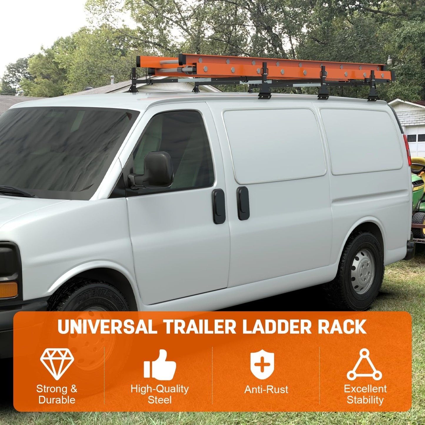 Universal Van Roof Ladder Racks with Rear Roller-3 Bars,Adjustable Length 46.8''-63.4'',Compatible with 1996-up Chevy Express 1500 2500 3500,Ford Econoline GMC Savana Fullsize .800LBS Load-Capacity