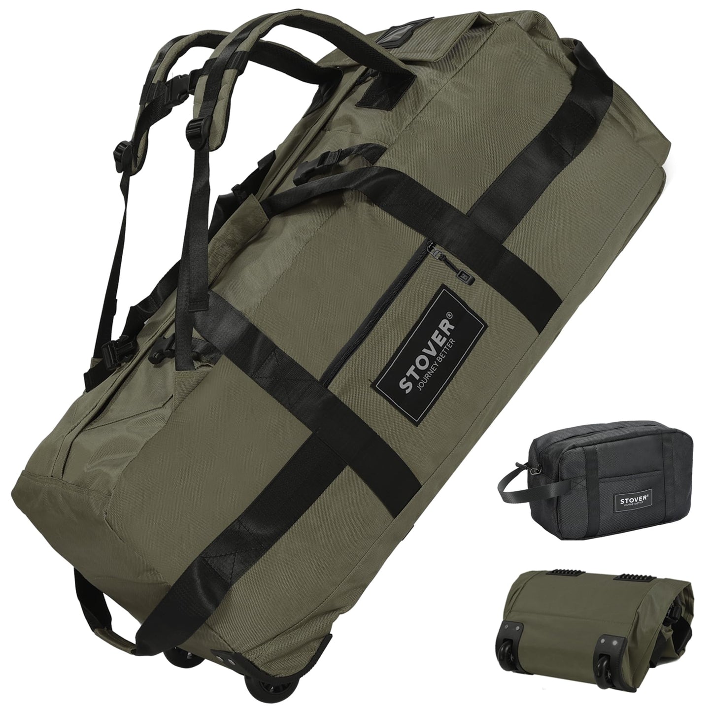 STOVER 45/80/100L Rolling Duffel Bag with Wheels, X-Large Durable Travel Duffle + Toiletry Bag, Heavy Duty, Packable with Shoulder Straps- Use as Luggage or Backpack, Men/Women (Green)