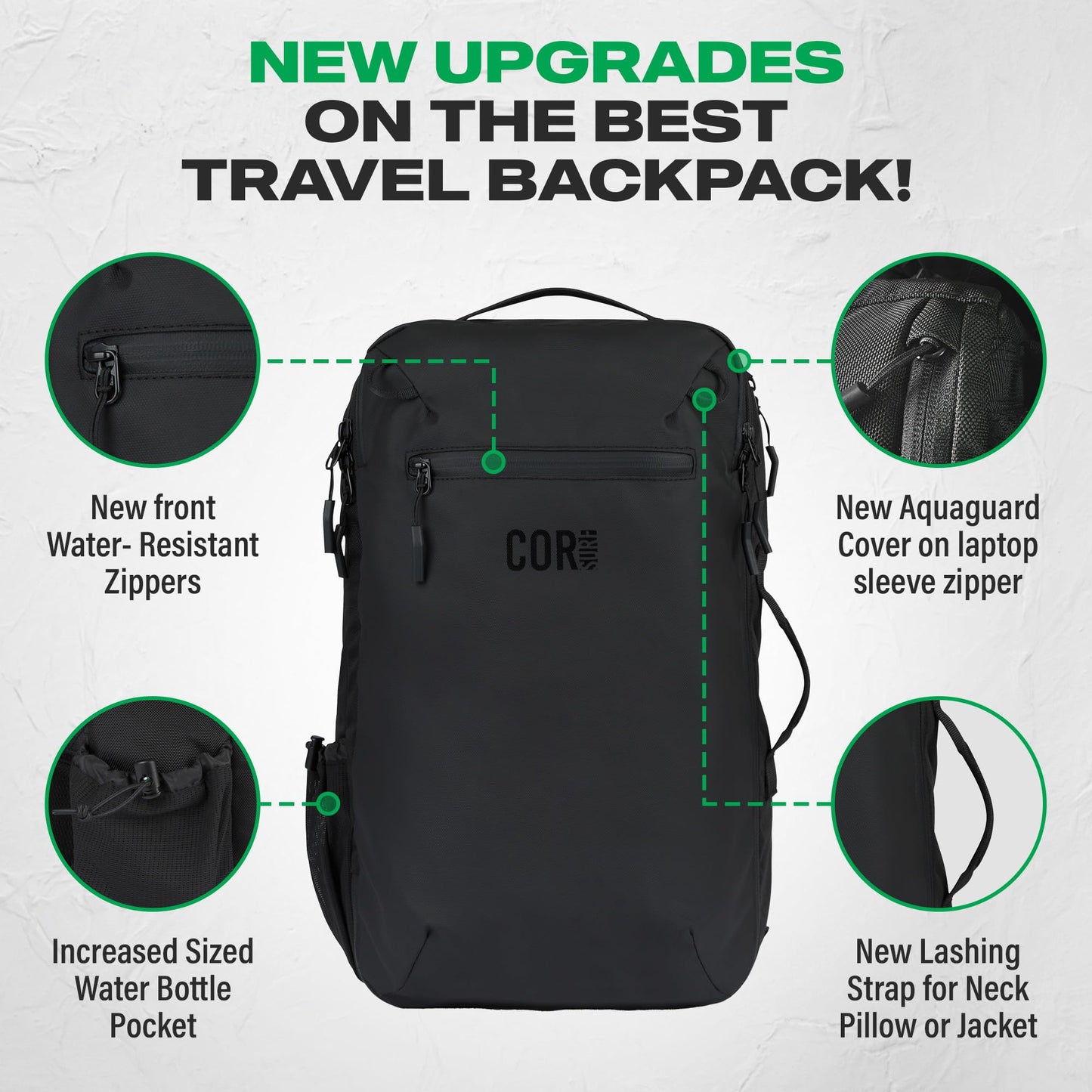 COR Surf Carry On Travel Backpack Bundle | Island Hopper Travel Backpack with Toiletry Bag and Compression Packing Cube Set (40L, Black)