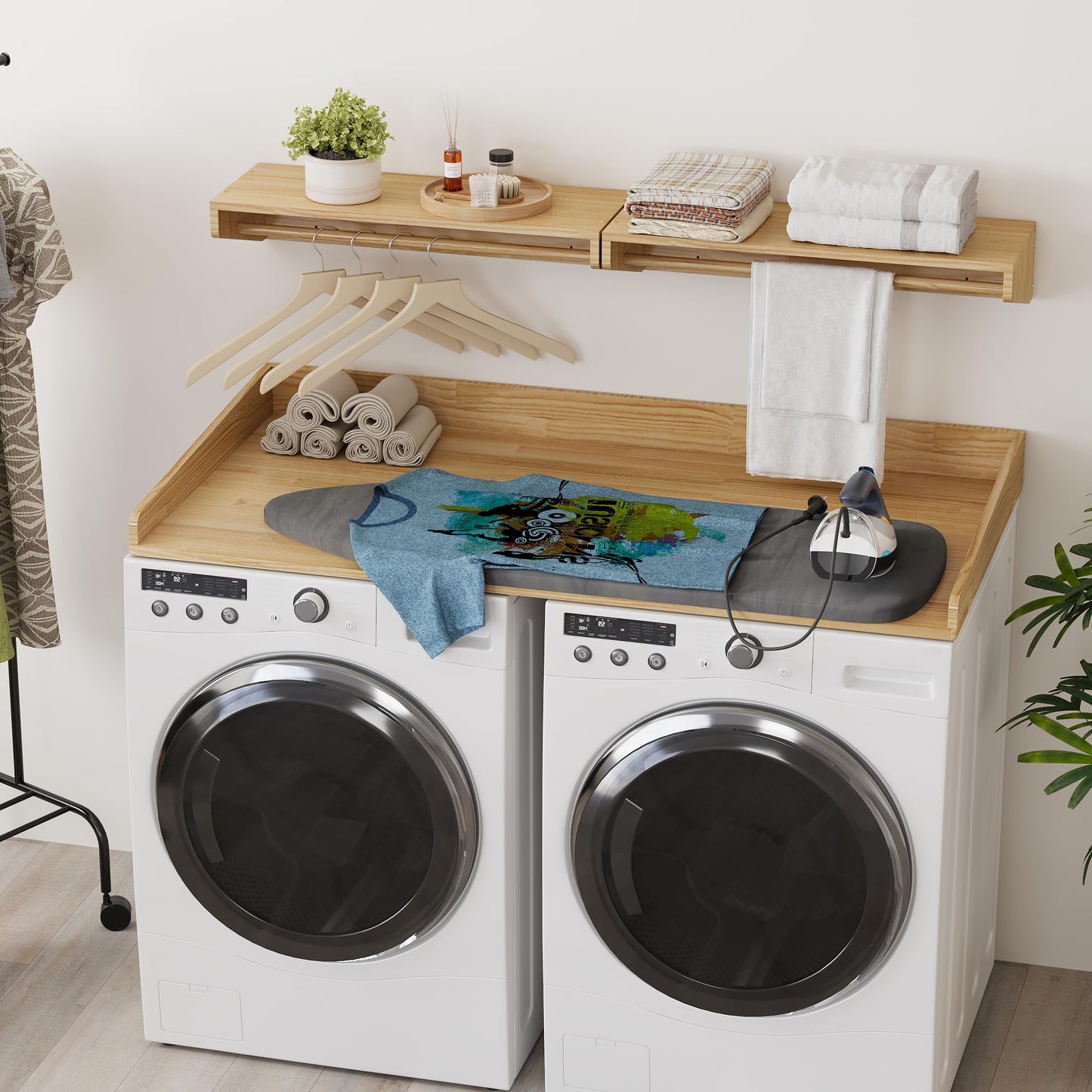 YEMNMFH Solid Wood Washer Dryer Countertop & Wall Mounted Clothes Rack - 2-in-1 Laundry Room Organization and Storage, Floating Garment Shelf with Hanging Rod, Washer Dryer Topper with Anti-Slip Pads