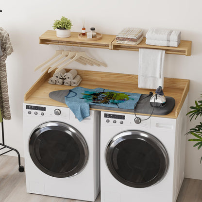 YEMNMFH Solid Wood Washer Dryer Countertop & Wall Mounted Clothes Rack - 2-in-1 Laundry Room Organization and Storage, Floating Garment Shelf with Hanging Rod, Washer Dryer Topper with Anti-Slip Pads