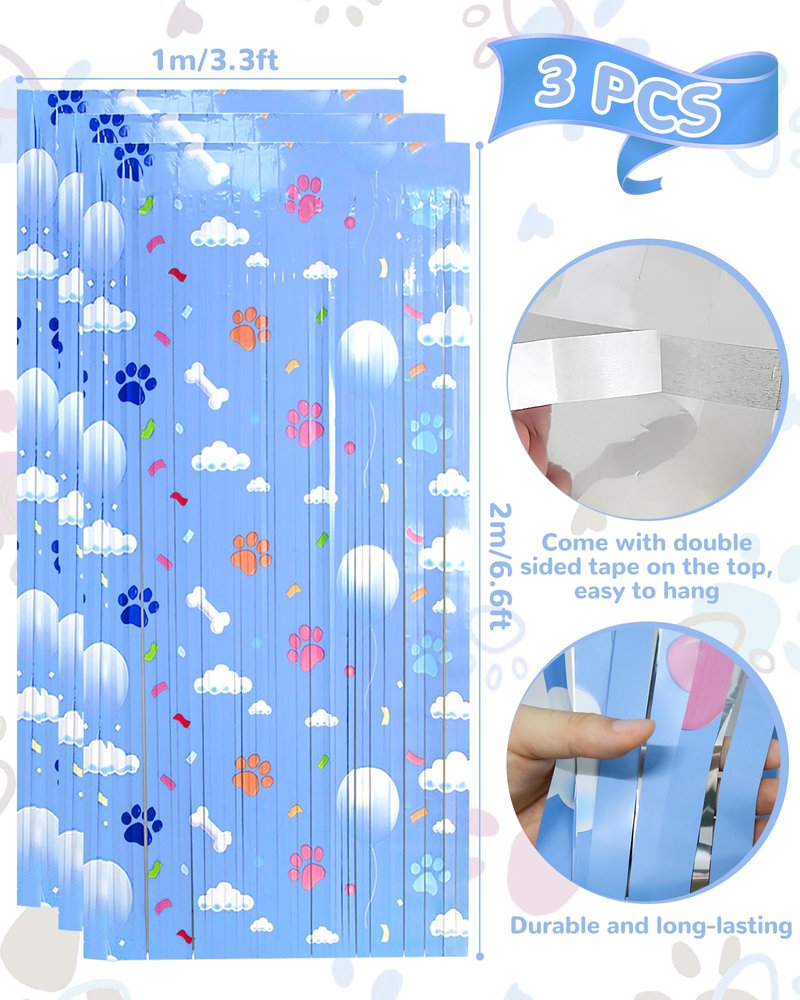 Paw Birthday Decorations, 3 Pack Blue Dog Theme Party Supplies 3.3 x 6.6ft Tinsel Foil Fringe Curtains Photo Booth Props Cartoon Backdrop Streamers for Kids Boys Girs
