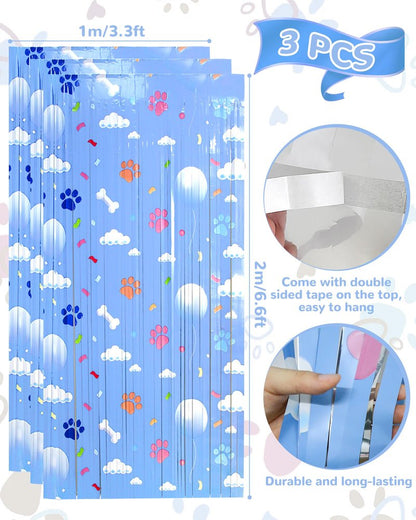 Paw Birthday Decorations, 3 Pack Blue Dog Theme Party Supplies 3.3 x 6.6ft Tinsel Foil Fringe Curtains Photo Booth Props Cartoon Backdrop Streamers for Kids Boys Girs