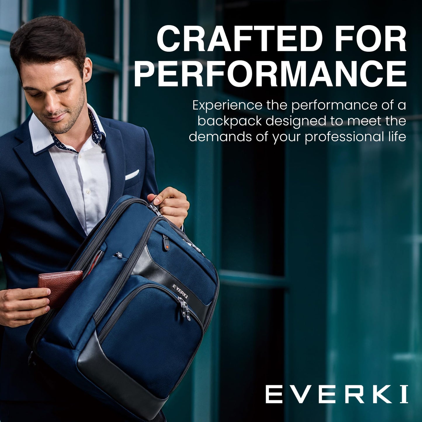 EVERKI Onyx Premium Business Executive Laptop Backpack + Compression Packing Cube Set (S & M), 36L Capacity, 17.3" Laptop Compartment, Durable Water-Repellent Nylon & Leather Office Backpack - Navy